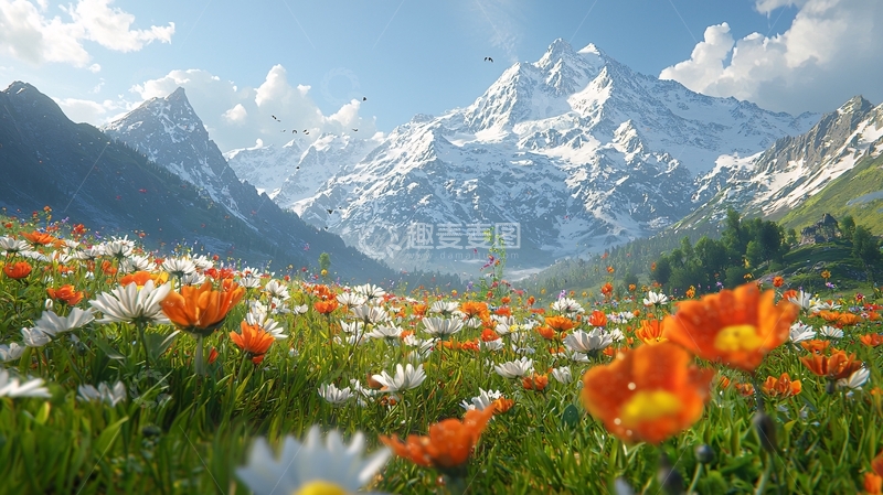高清大图下载【趣麦麦图】雪山花海