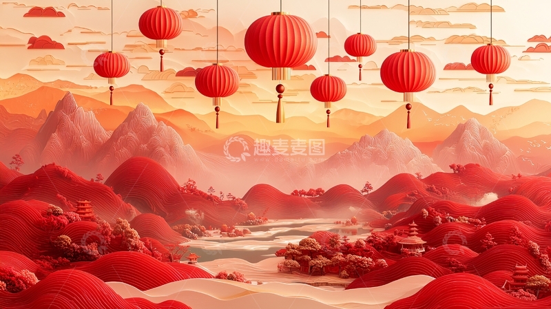 高清大图下载【趣麦麦图】红灯笼山川景色