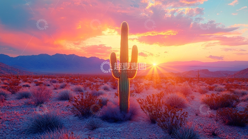 高清大图下载【趣麦麦图】沙漠日落仙人掌