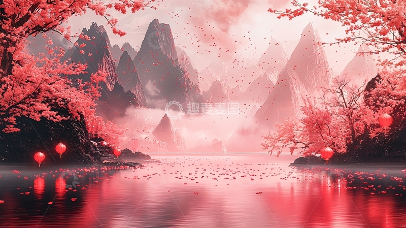 高清大图下载【趣麦麦图】红枫山峦湖景图