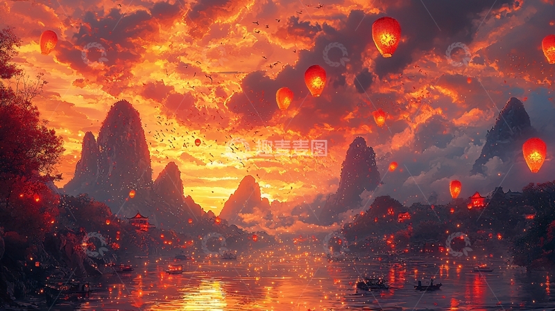 高清大图下载【趣麦麦图】火烧云下飞天灯笼