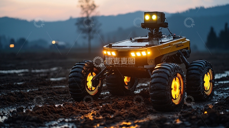 高清大图下载【趣麦麦图】黄昏田野中的黄色越野机器人