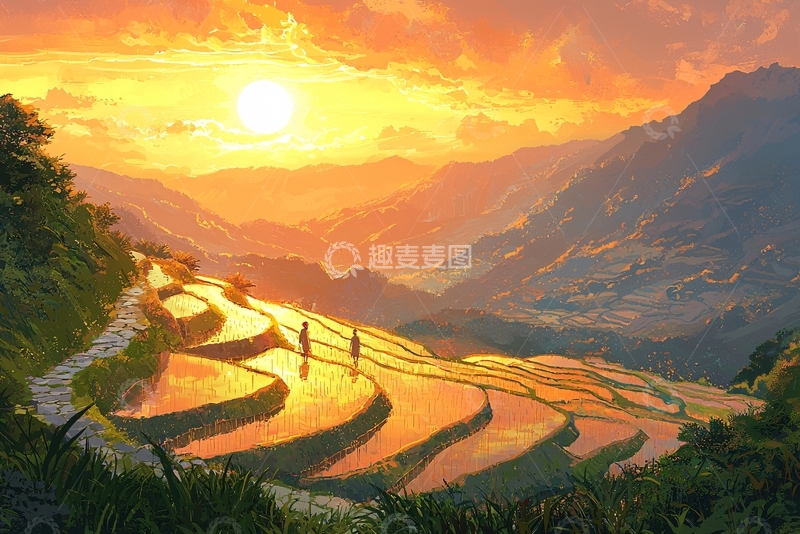 高清大图下载【趣麦麦图】梯田夕阳下山景