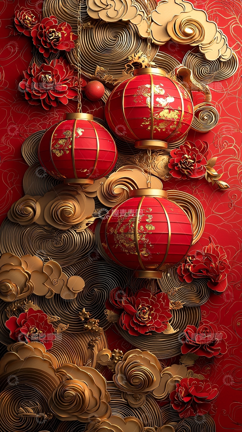 高清大图下载【趣麦麦图】红色灯笼与祥云牡丹的国风新年