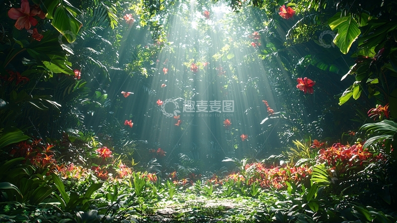 高清大图下载【趣麦麦图】光线透过树林花朵