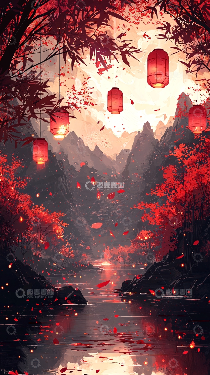 高清大图下载【趣麦麦图】红色灯笼悬挂山间