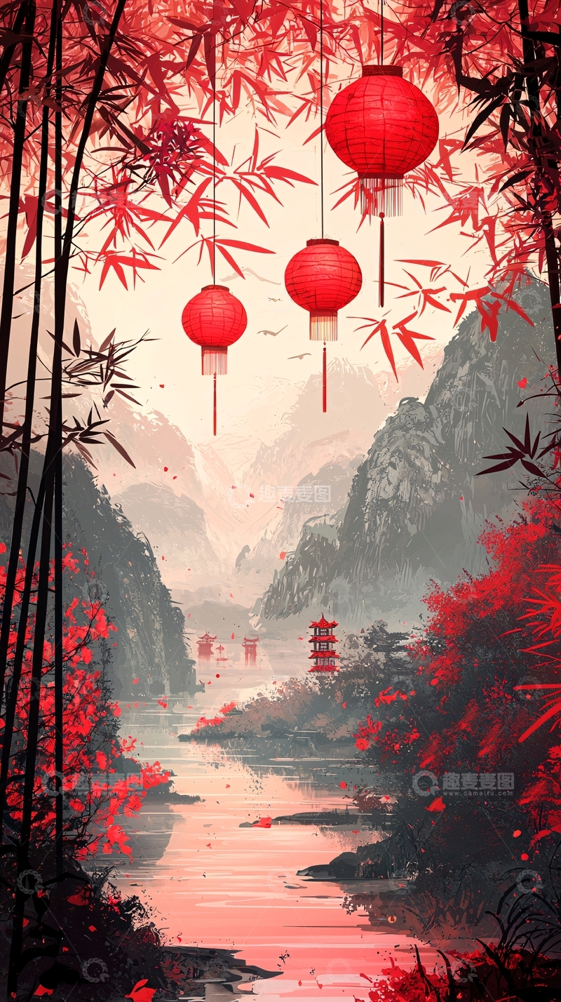 高清大图下载【趣麦麦图】红枫竹林中国风意境