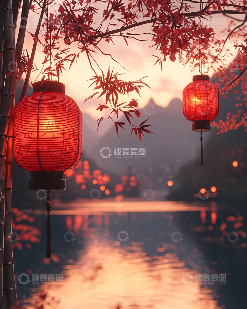 高清大图下载【趣麦麦图】红灯笼山水意境图