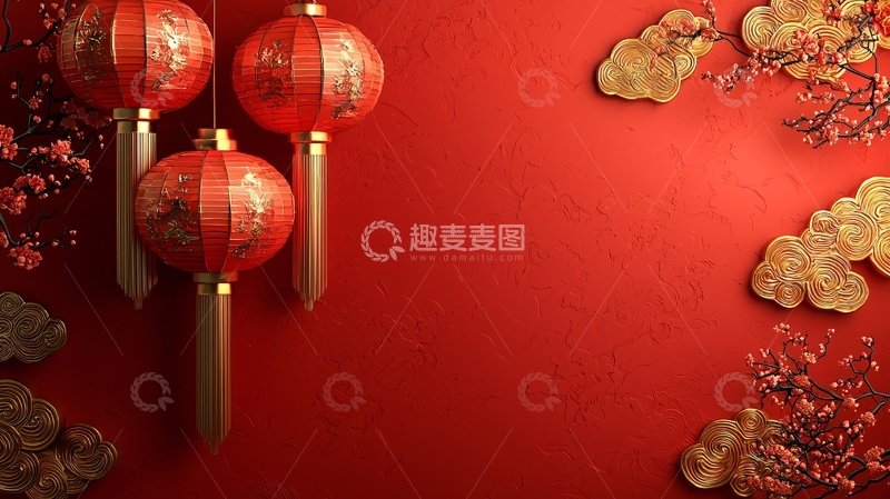 高清大图下载【趣麦麦图】新年喜庆红色背景灯笼梅花
