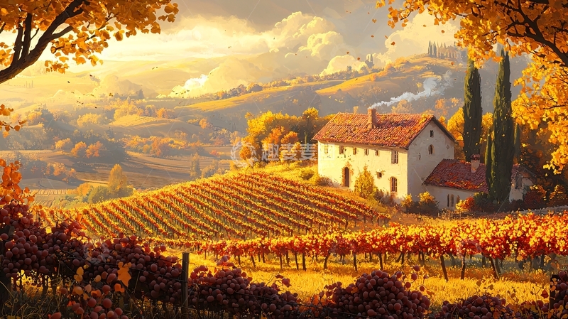 高清大图下载【趣麦麦图】秋日乡间别墅葡萄园风景