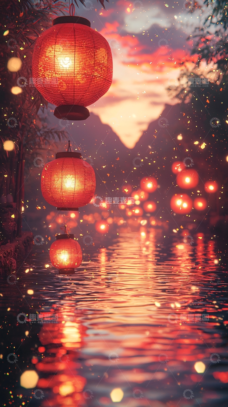 高清大图下载【趣麦麦图】红灯笼倒映水面
