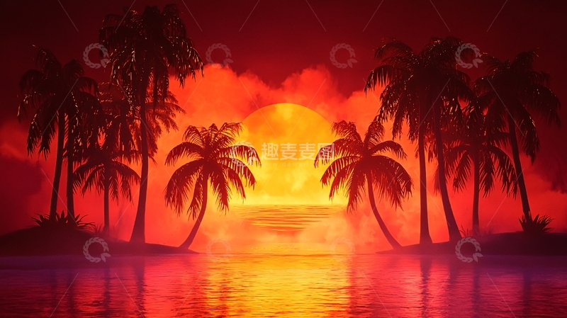 高清大图下载【趣麦麦图】热带岛屿日落剪影