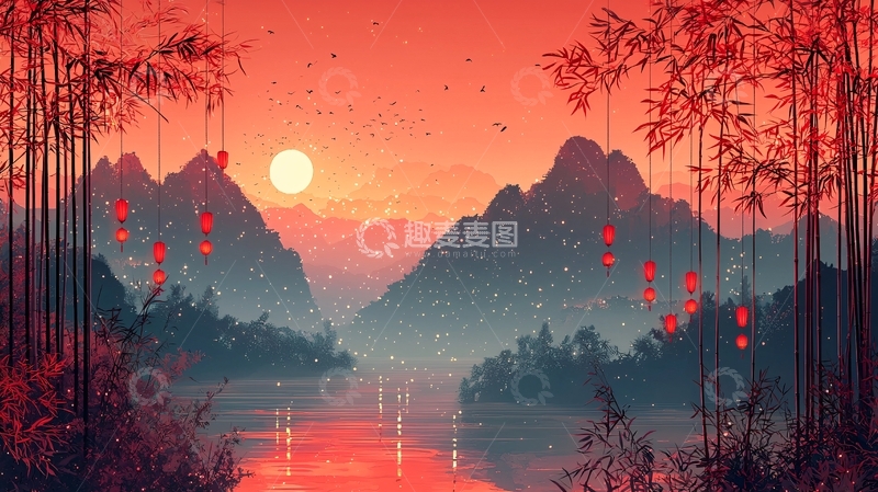 高清大图下载【趣麦麦图】红日西下山水图