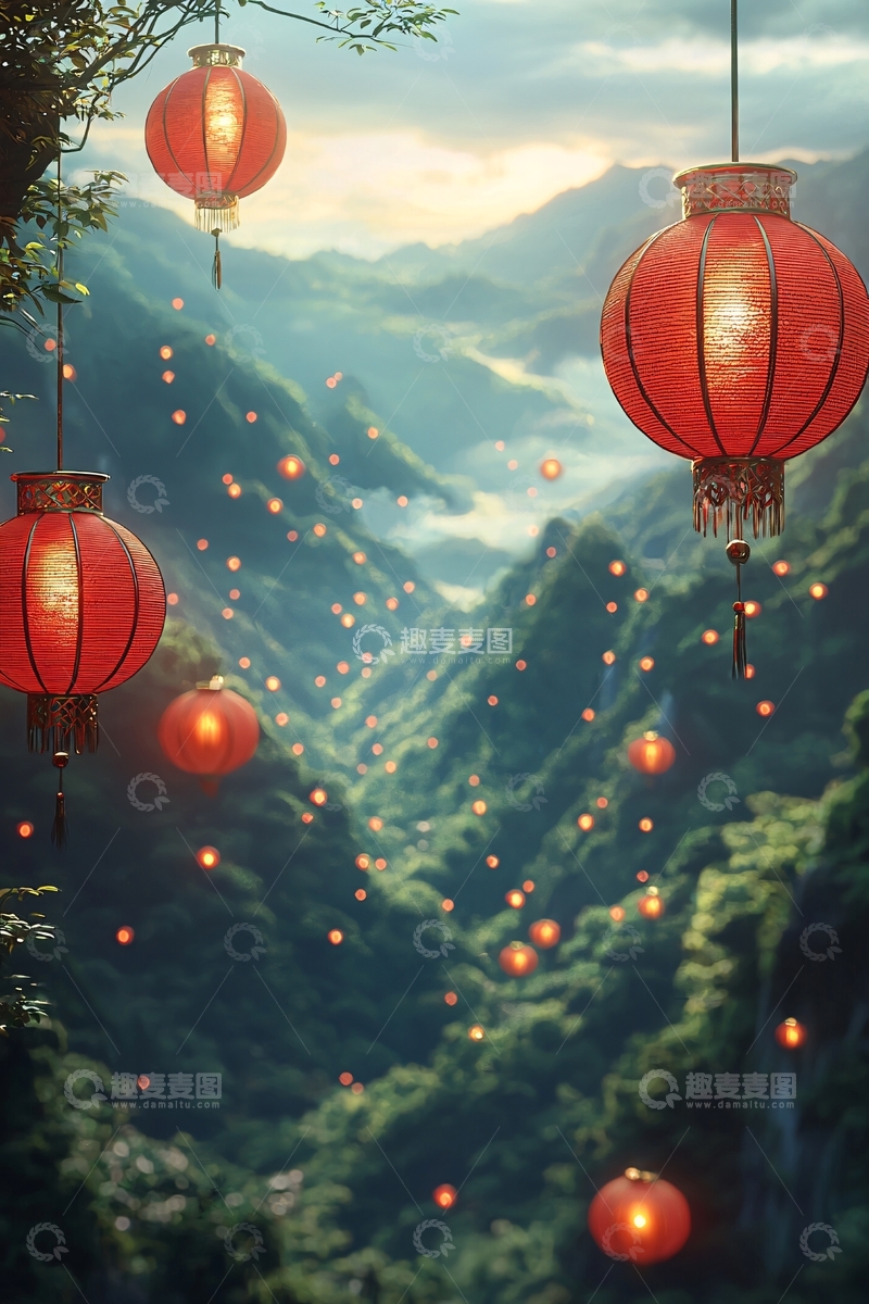 高清大图下载【趣麦麦图】山谷红灯笼梦幻景象