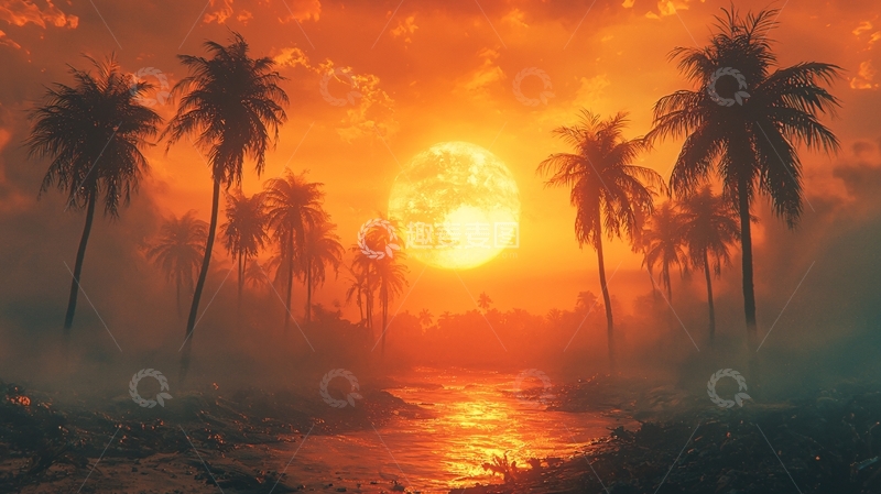 高清大图下载【趣麦麦图】日落椰林