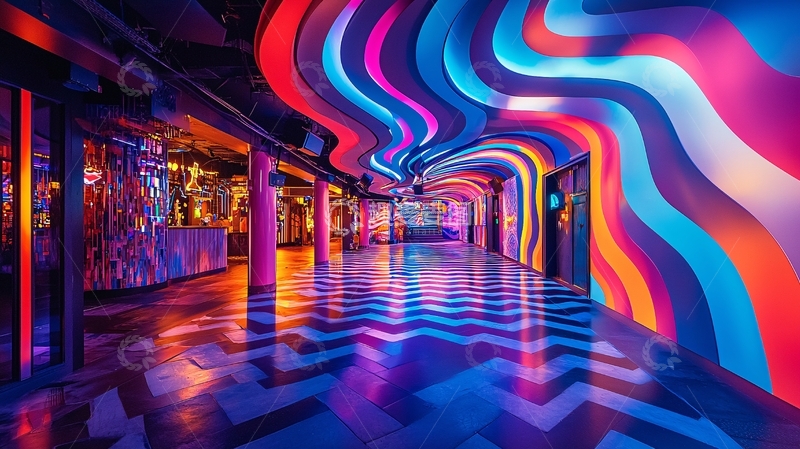 高清大图下载【趣麦麦图】绚丽多彩的波浪形灯光走廊