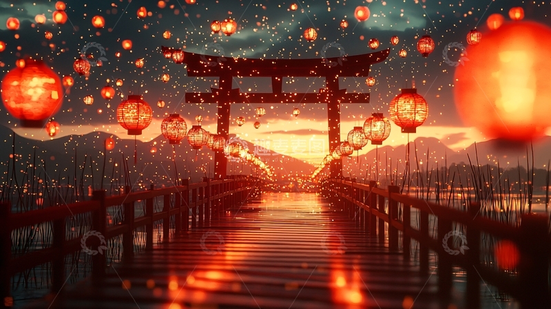 高清大图下载【趣麦麦图】红灯笼与神社夜景