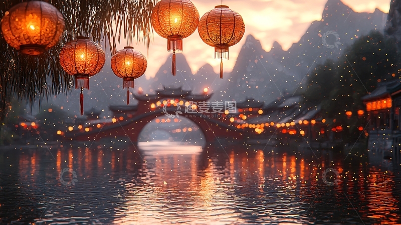 高清大图下载【趣麦麦图】古镇夜景红灯笼