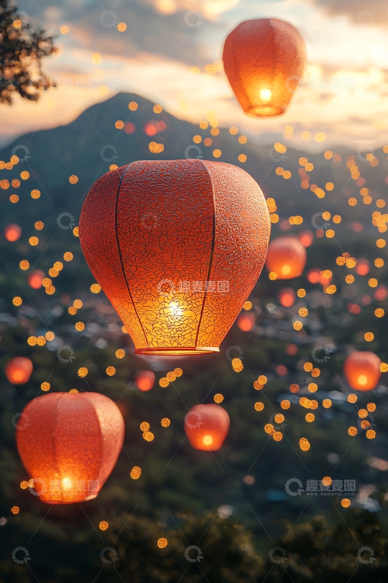高清大图下载【趣麦麦图】山顶日落下的许愿灯