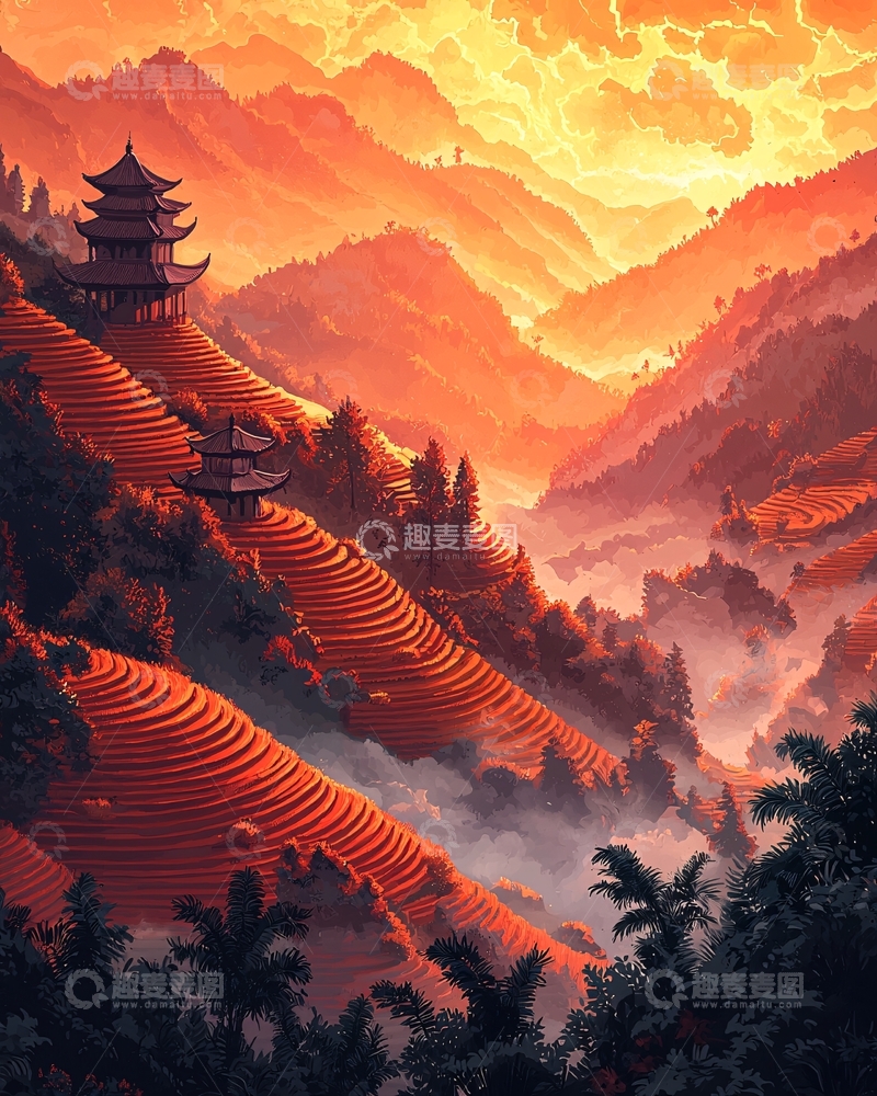 高清大图下载【趣麦麦图】日出山峦梯田寺庙