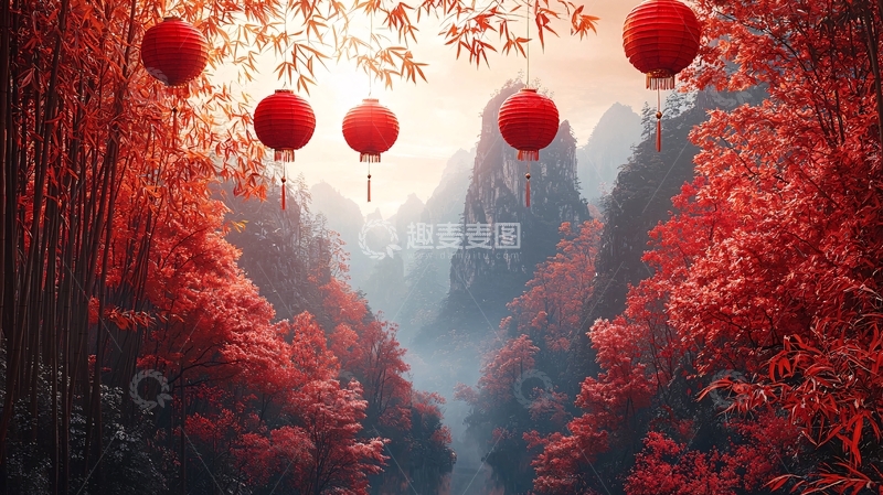高清大图下载【趣麦麦图】红灯笼山谷秋景