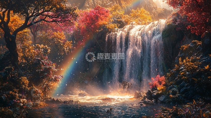 高清大图下载【趣麦麦图】秋季瀑布彩虹森林