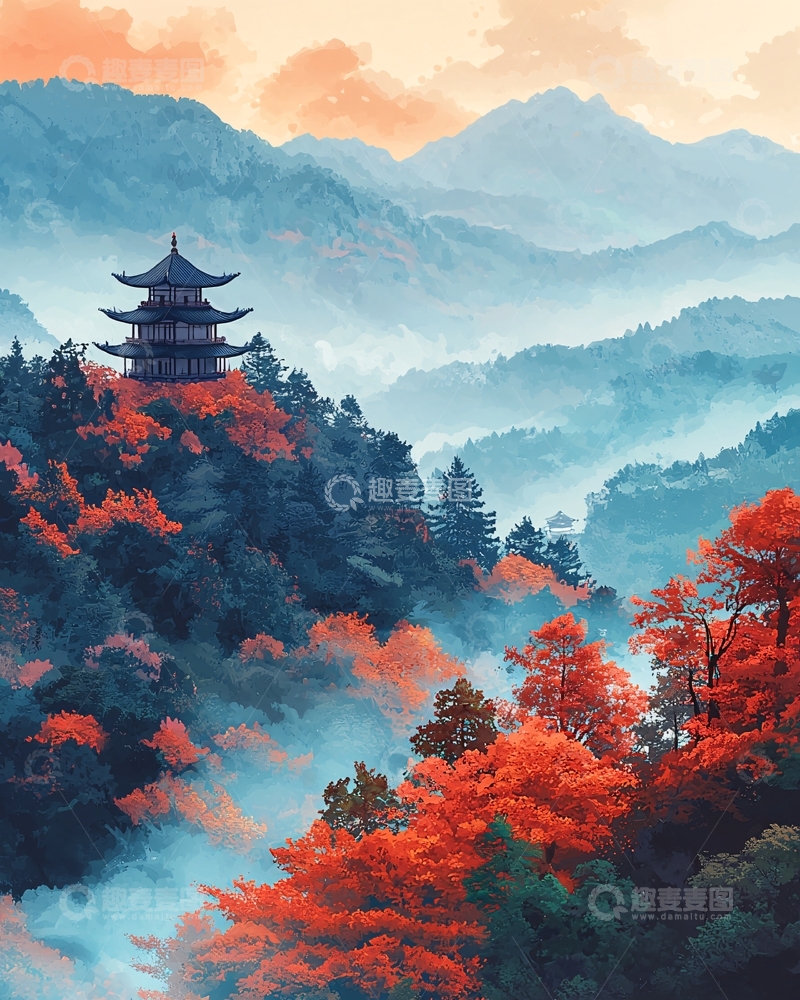 高清大图下载【趣麦麦图】秋日山林古塔