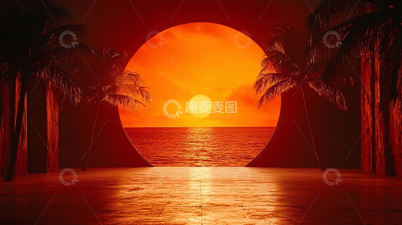 高清大图下载【趣麦麦图】圆形门洞里的热带日落