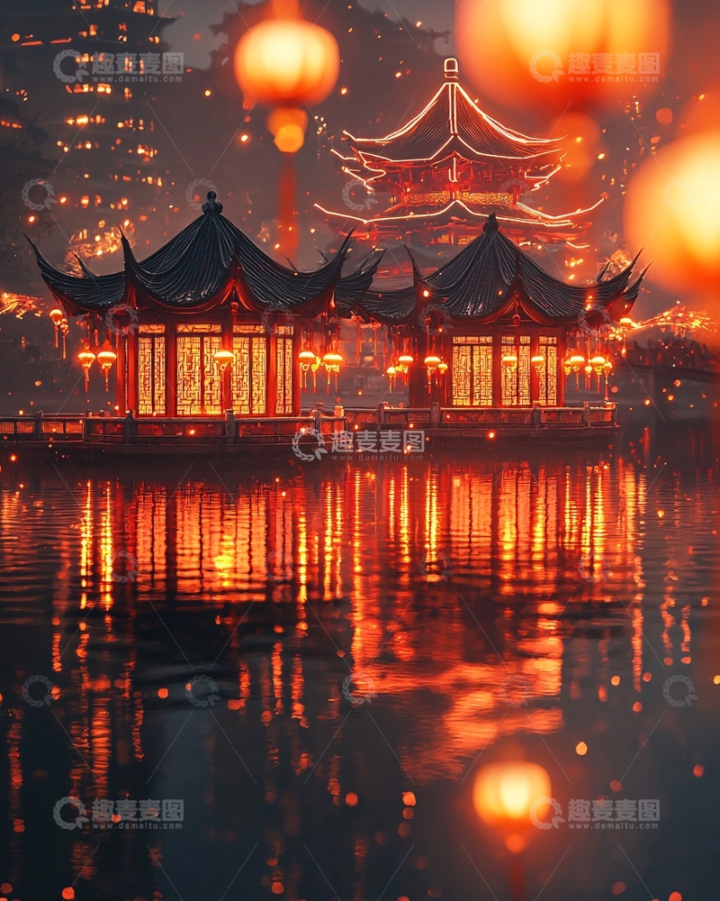 高清大图下载【趣麦麦图】夜景中式建筑