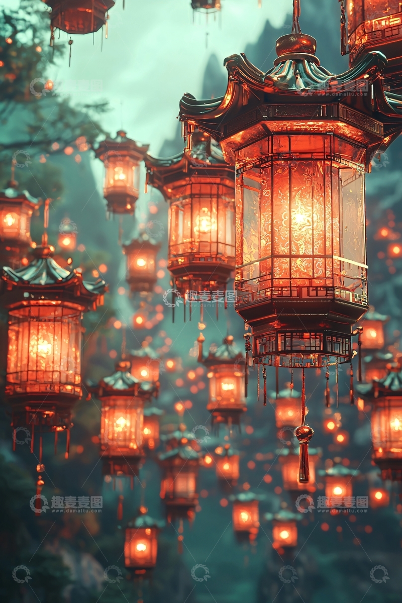 高清大图下载【趣麦麦图】山间悬挂的红灯笼