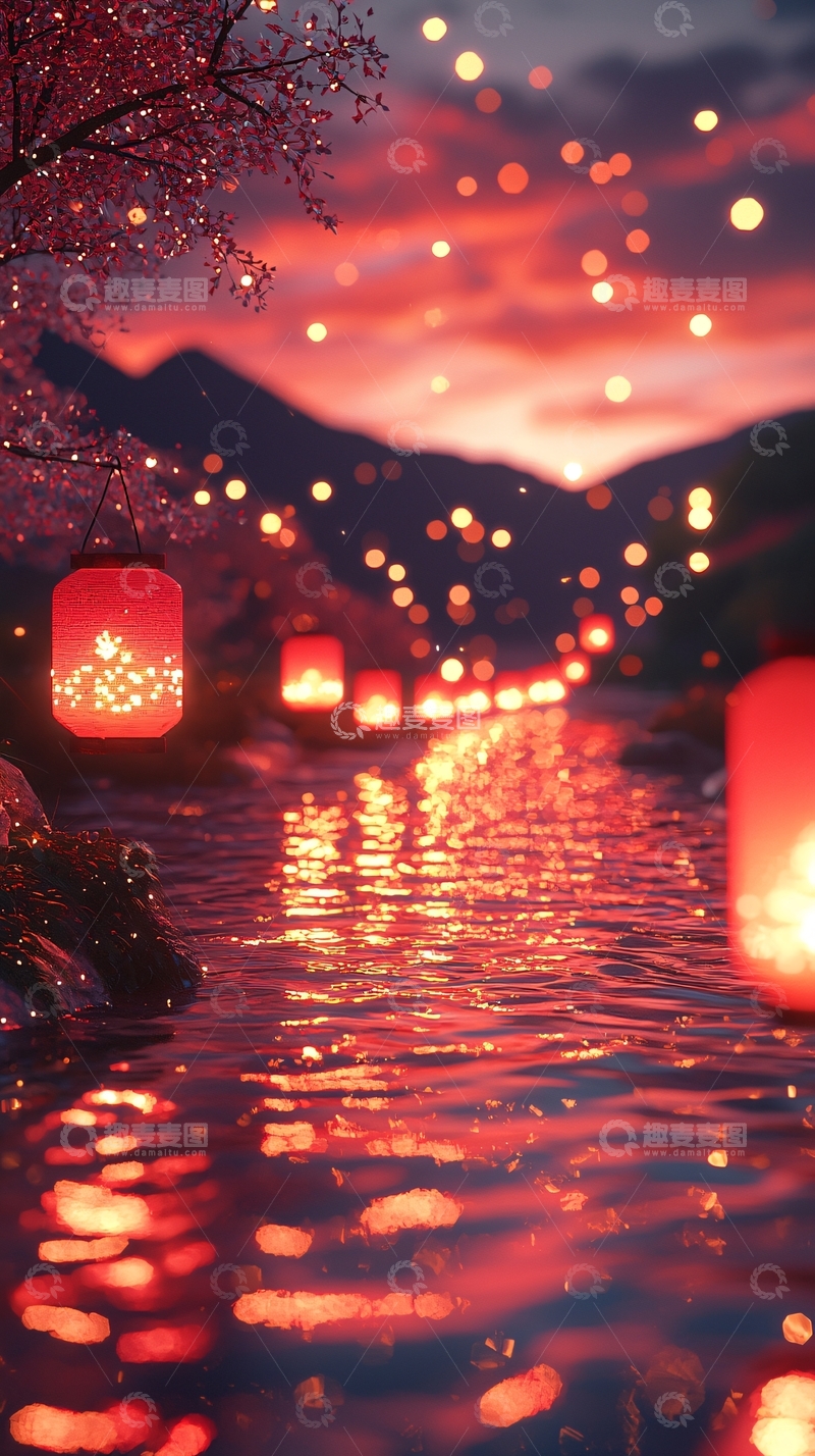 高清大图下载【趣麦麦图】红灯笼河边樱花盛开