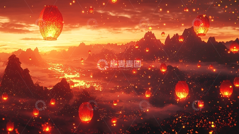 高清大图下载【趣麦麦图】山川日落孔明灯