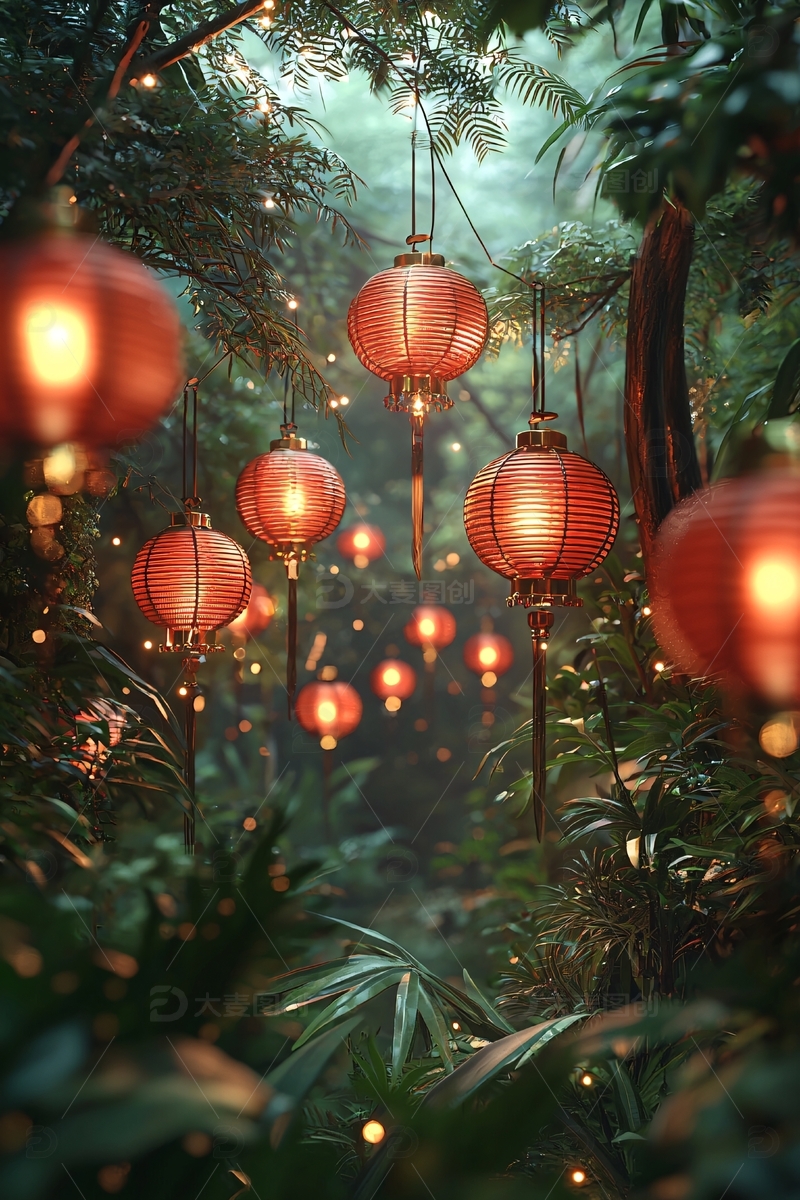 高清大图下载【趣麦麦图】红灯笼森林小路