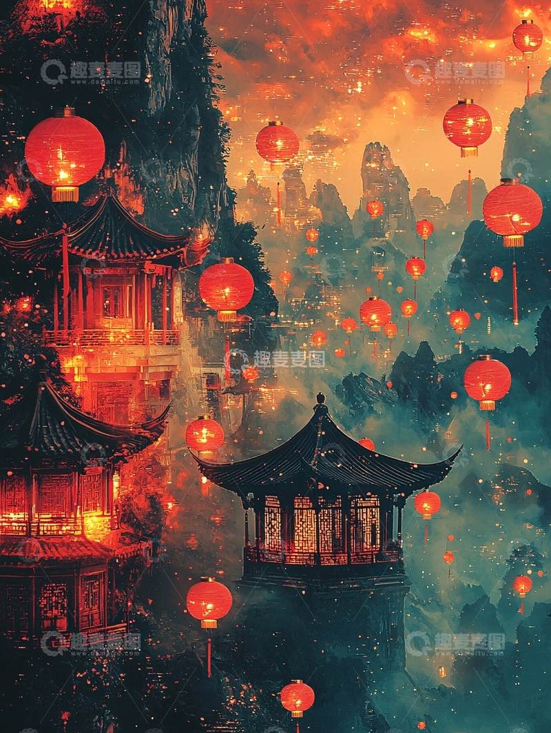 高清大图下载【趣麦麦图】山间古建筑红灯笼夜景