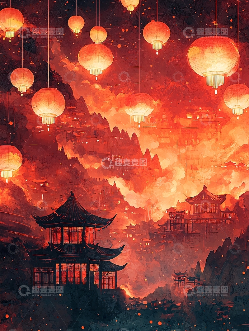 高清大图下载【趣麦麦图】红灯笼山间夜景