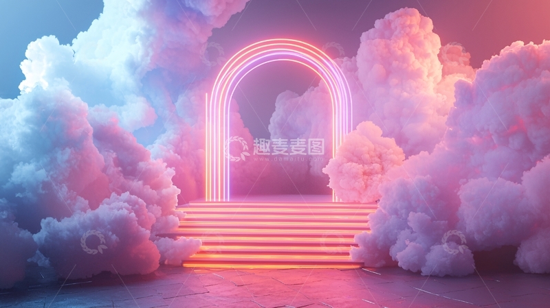 高清大图下载【趣麦麦图】霓虹彩虹拱门云朵阶梯