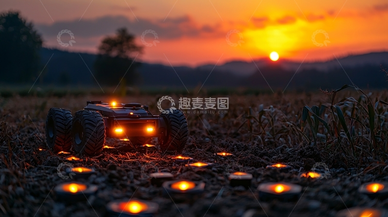 高清大图下载【趣麦麦图】日落时分田野里的机器人