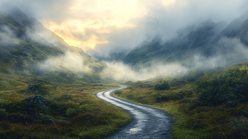 高清大图下载【趣麦麦图】山间雾气缭绕的蜿蜒小路