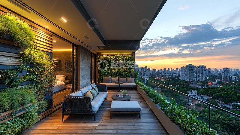 高清大图下载【趣麦麦图】城市阳台绿植夕阳风景
