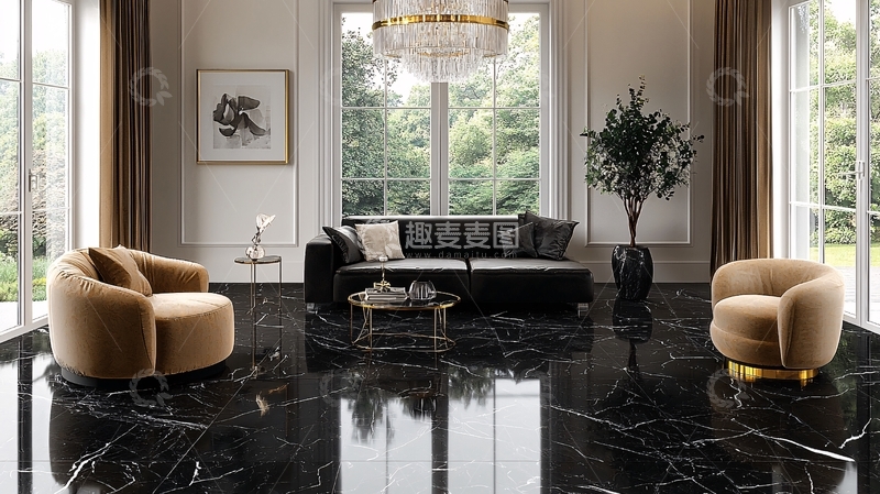 高清大图下载【趣麦麦图】奢华现代客厅黑金大理石地面