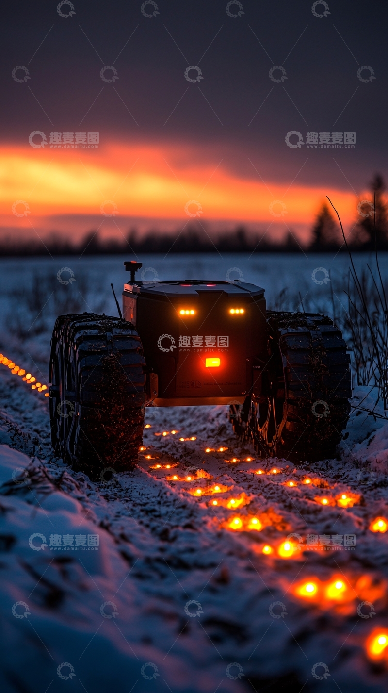 高清大图下载【趣麦麦图】日落雪地履带机器人