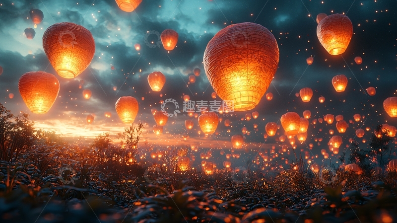 高清大图下载【趣麦麦图】夜空飞舞的许愿灯笼