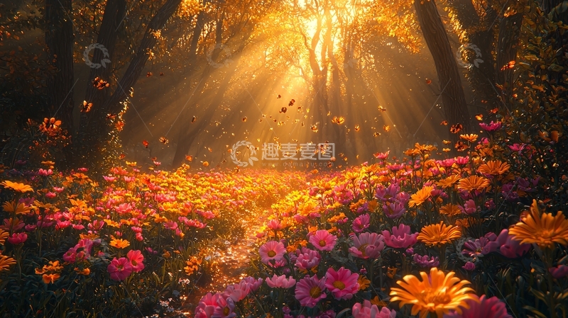 高清大图下载【趣麦麦图】秋日森林花海阳光