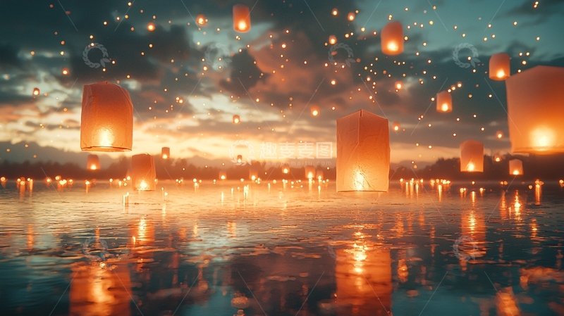 高清大图下载【趣麦麦图】梦幻般的天灯湖面景色