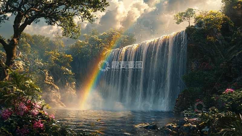 高清大图下载【趣麦麦图】梦幻雨林瀑布彩虹