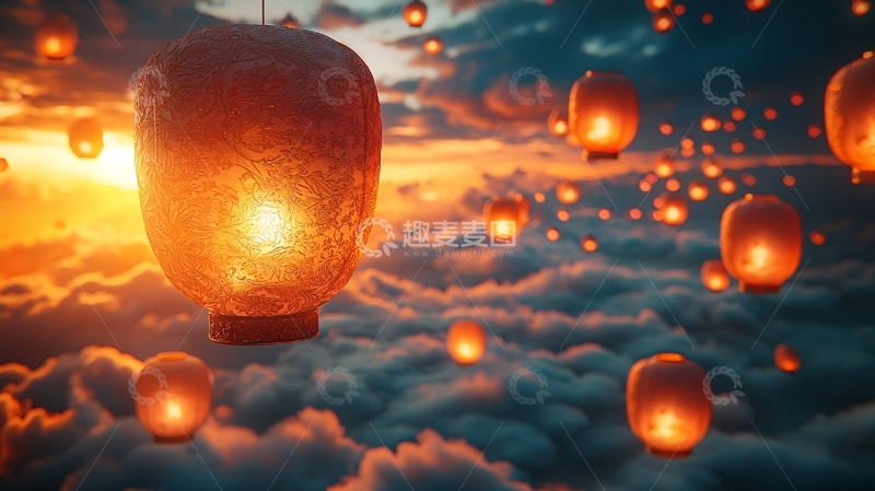 高清大图下载【趣麦麦图】天空中飞舞的许愿灯