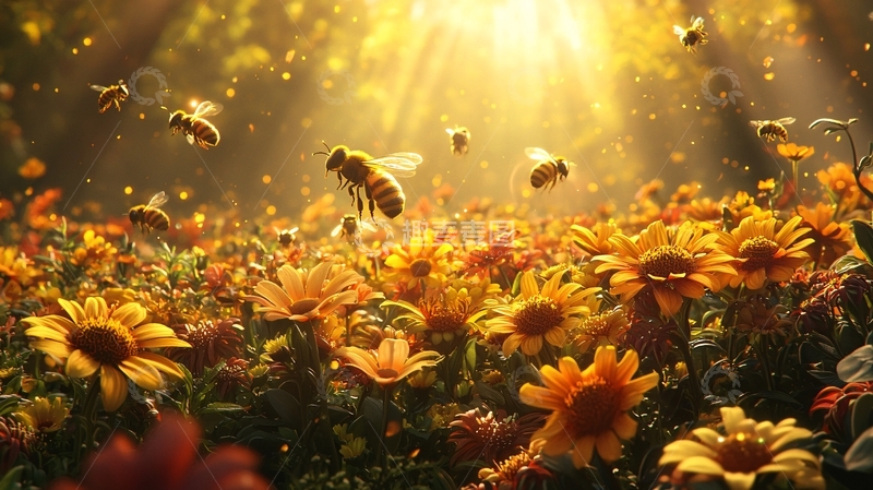 高清大图下载【趣麦麦图】阳光森林蜜蜂花海