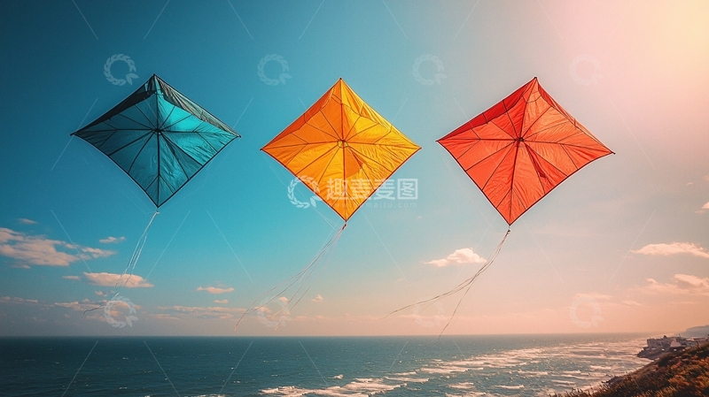 高清大图下载【趣麦麦图】蓝天白云下三只风筝