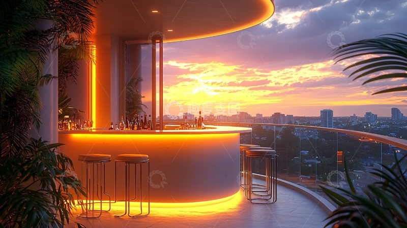 高清大图下载【趣麦麦图】日落城市景观露台酒吧