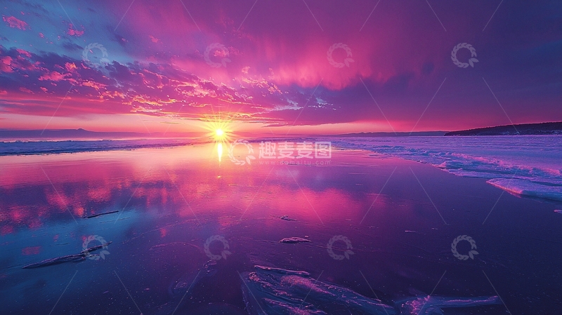 高清大图下载【趣麦麦图】粉紫色梦幻日落冰面